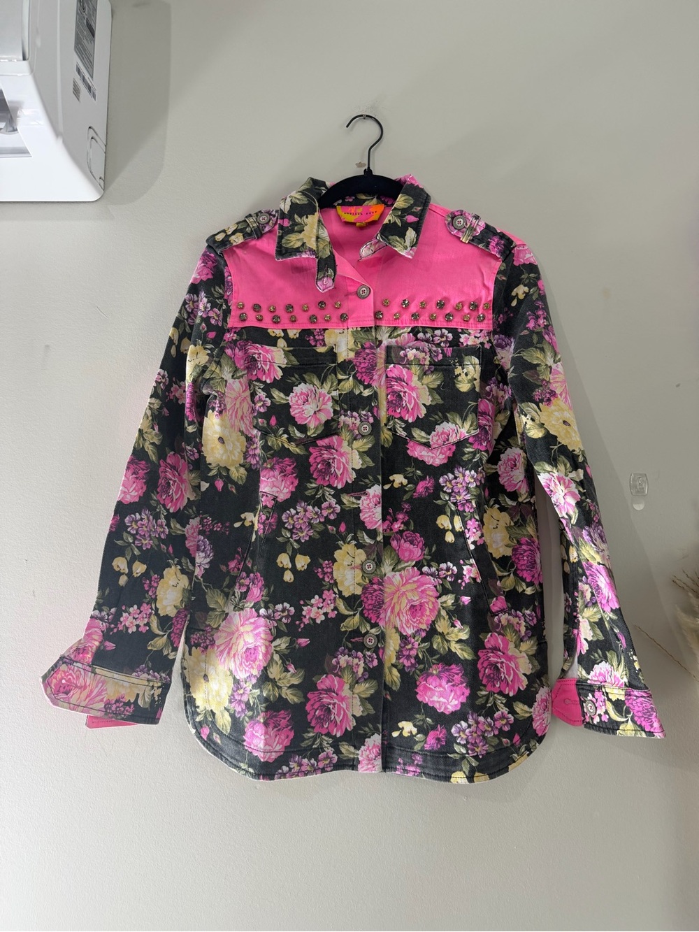 english rose Floral Studded Jean Jacket in Pink and Black